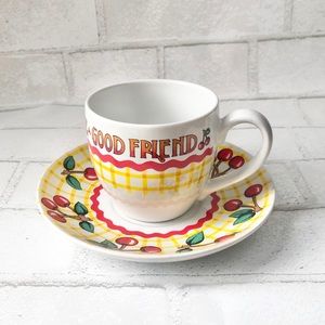 Mary Englebreit cup and saucer yellow and white gingham and cherries